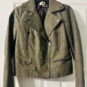 Faux Leather Motorcycle Jacket- Army Green